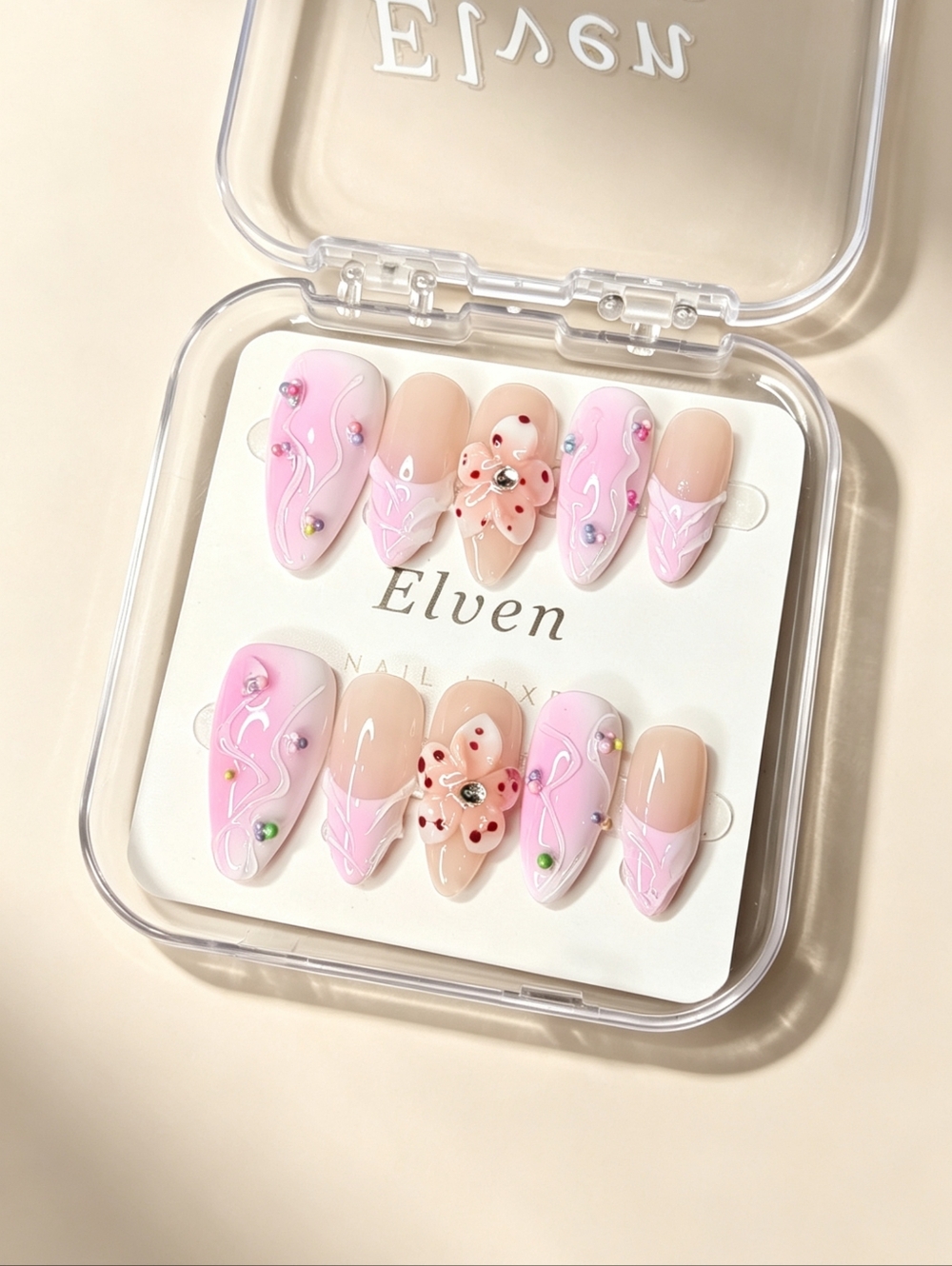 Pink and Nude Almond Shape Hanade Press-On Nails with Gem Accents